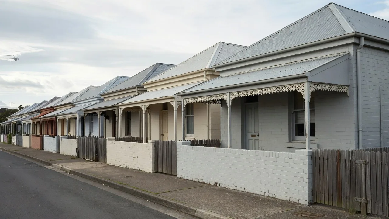 A row of single-storey Victorian terraces on an inner Newcastle street, painted brick with iron-lace verandahs, sharing party walls, the footpath running hard against the front walls.