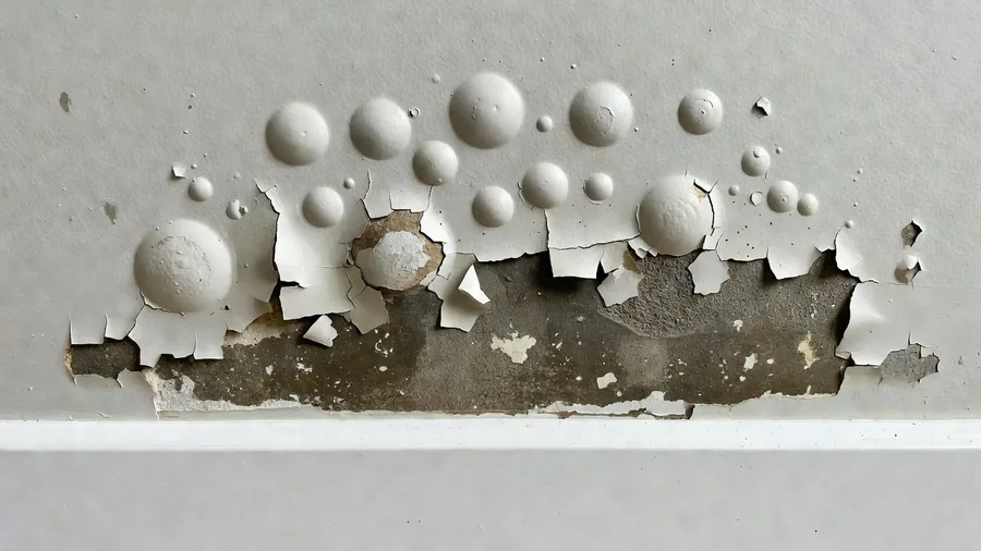 Paint bubbling and lifting away from a rendered wall near the floor, damp render exposed underneath.