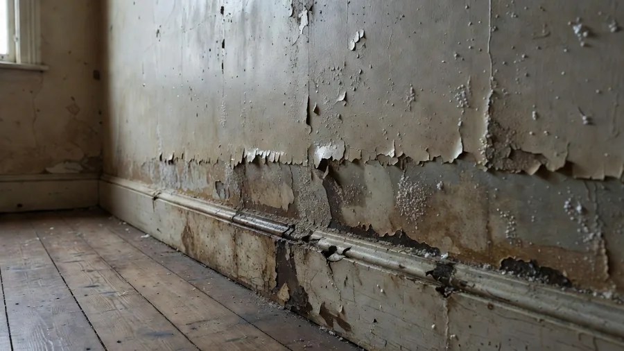 A terrace party wall carrying a tide-mark, blistered paint and salt in the plaster.