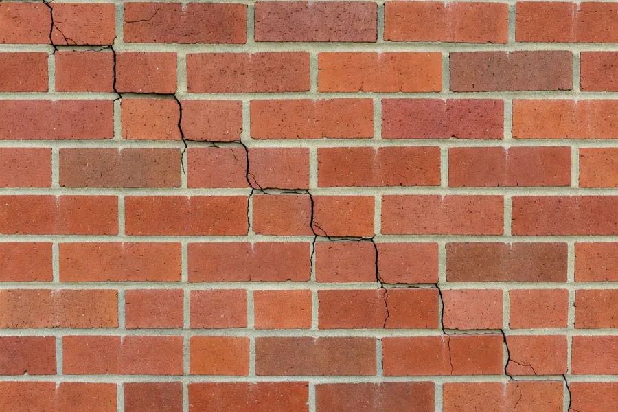 A diagonal crack following the mortar joints in a staircase pattern, which points at ground movement rather than moisture.